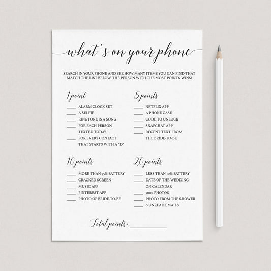 Modern Bridal Shower Game What's On Your Phone Printable by LittleSizzle