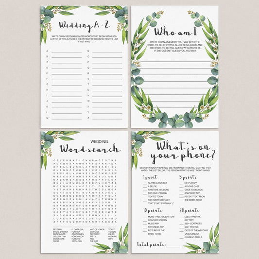 Classy Greenery Bridal Shower Games Package Printable