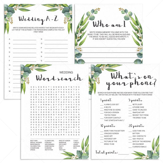 Classy Greenery Bridal Shower Games Package Printable by LittleSizzle
