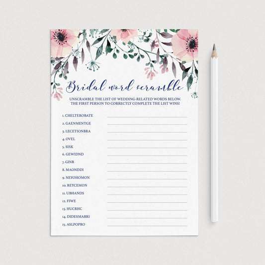 Printable Bridal Word Scramble Game Cards Floral by LittleSizzle