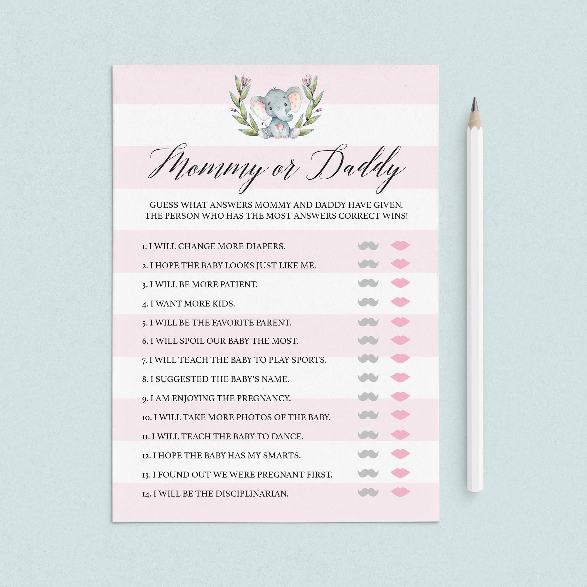 Elephant baby shower guess who mommy or daddy game printable by LittleSizzle