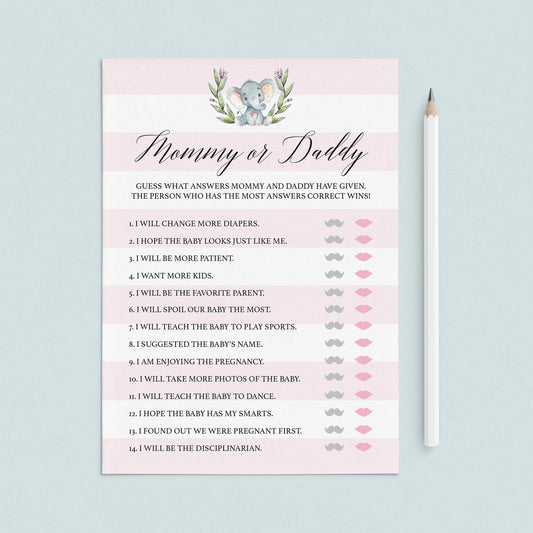 Elephant baby shower guess who mommy or daddy game printable by LittleSizzle
