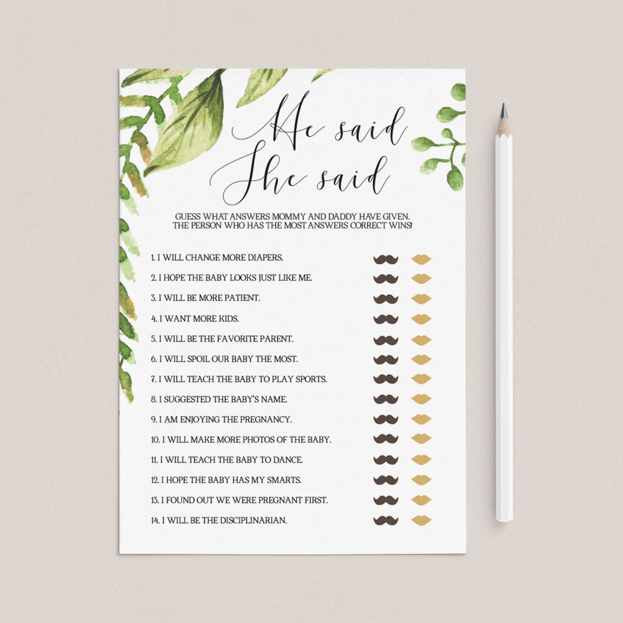 Mom and dad quiz for greenery baby shower download by LittleSizzle