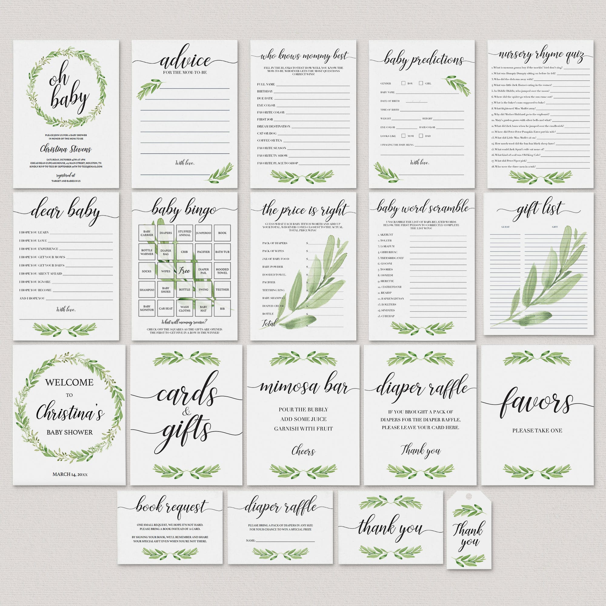 Complete DIY Baby Shower Bundle Greenery by LittleSizzle