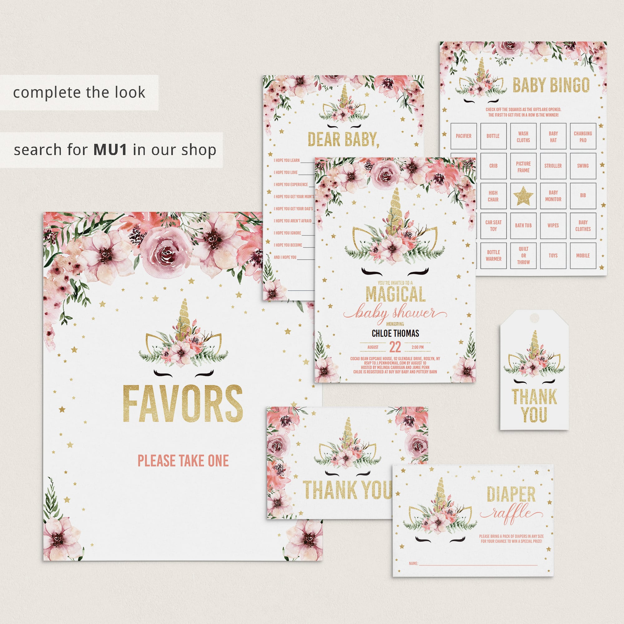 Printable favors sign with pink flowers, gold stars and unicorn by LittleSizzle