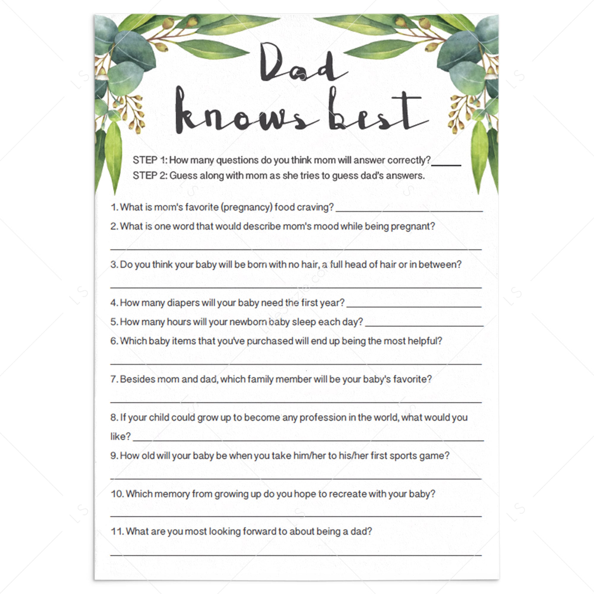 Dad Knows Best baby shower game printable Green Leaves