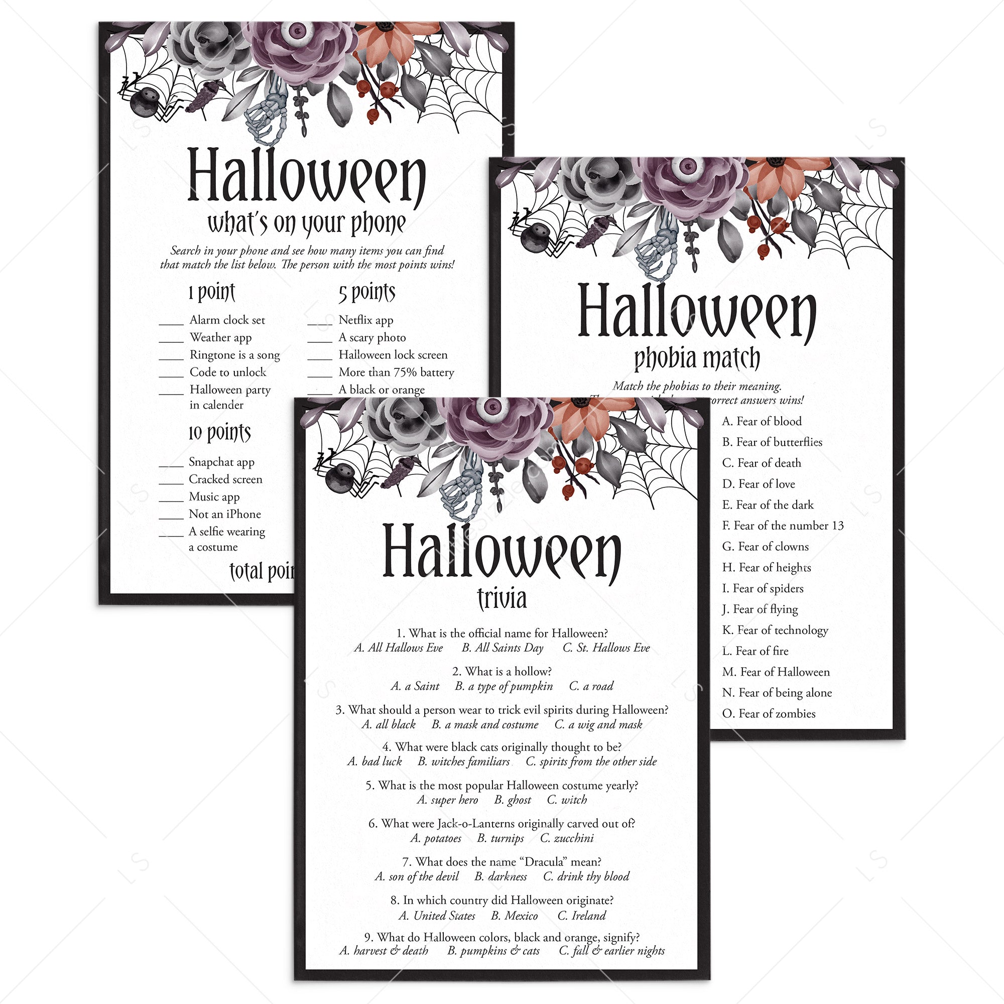 Black and Purple Floral Halloween Game Bundle for Ladies by LittleSizzle