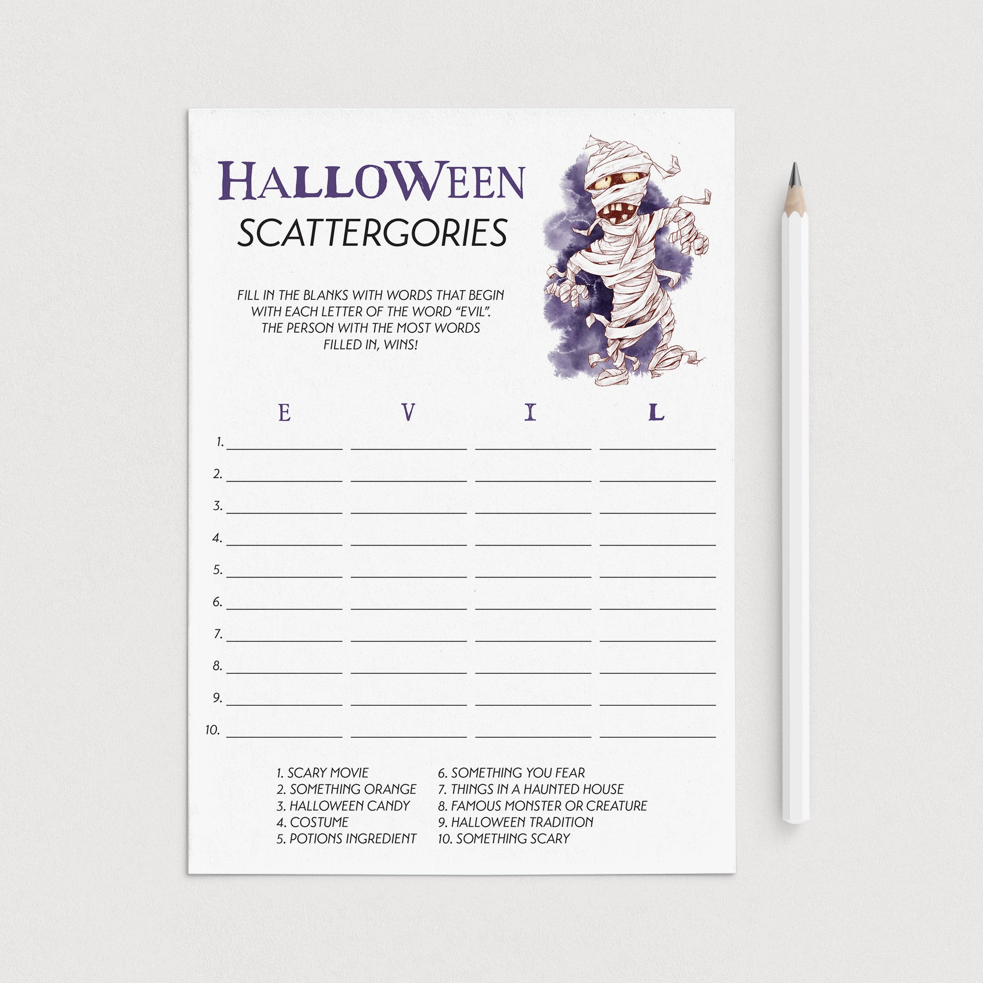 Mummy Halloween Party Game Scattergories Printable by LittleSizzle