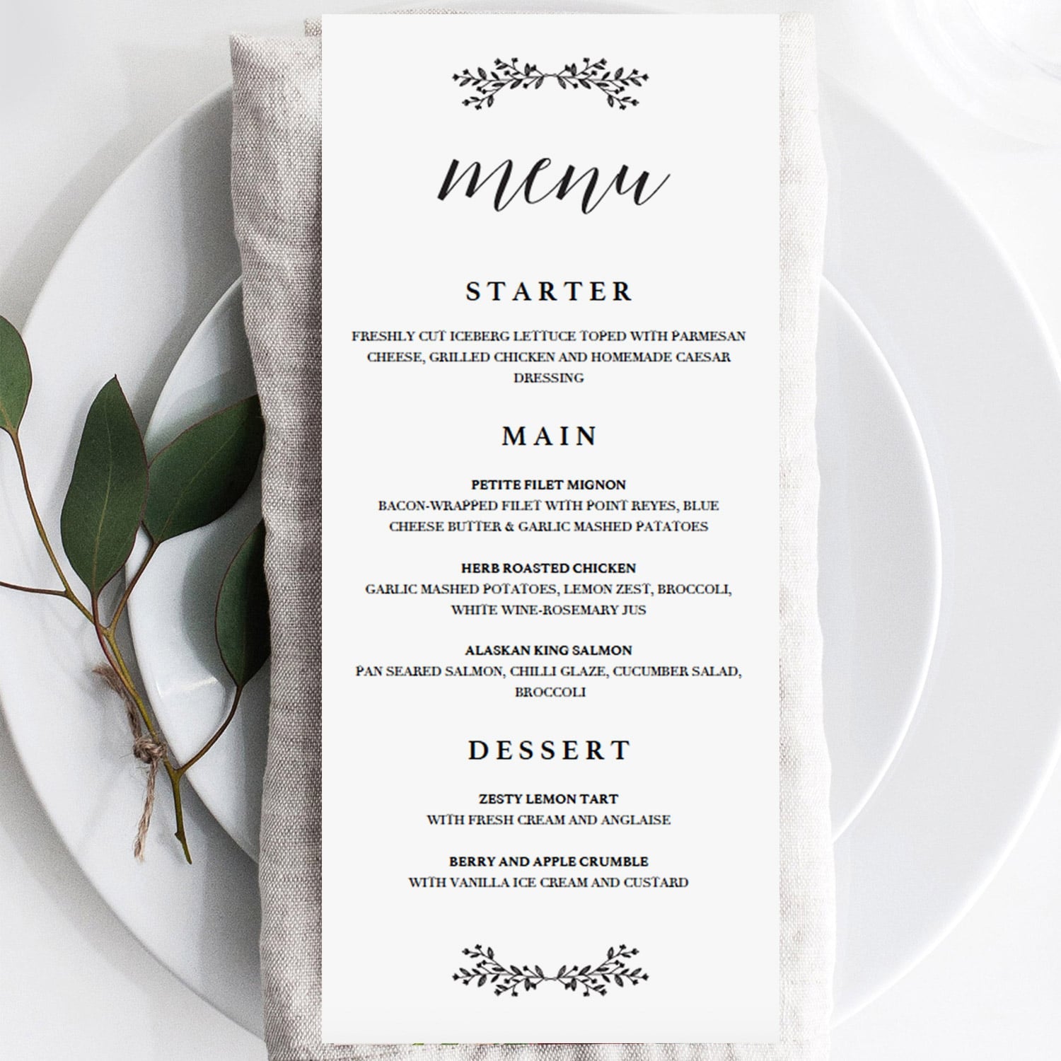 Minimalist menu cards printable  by LittleSizzle