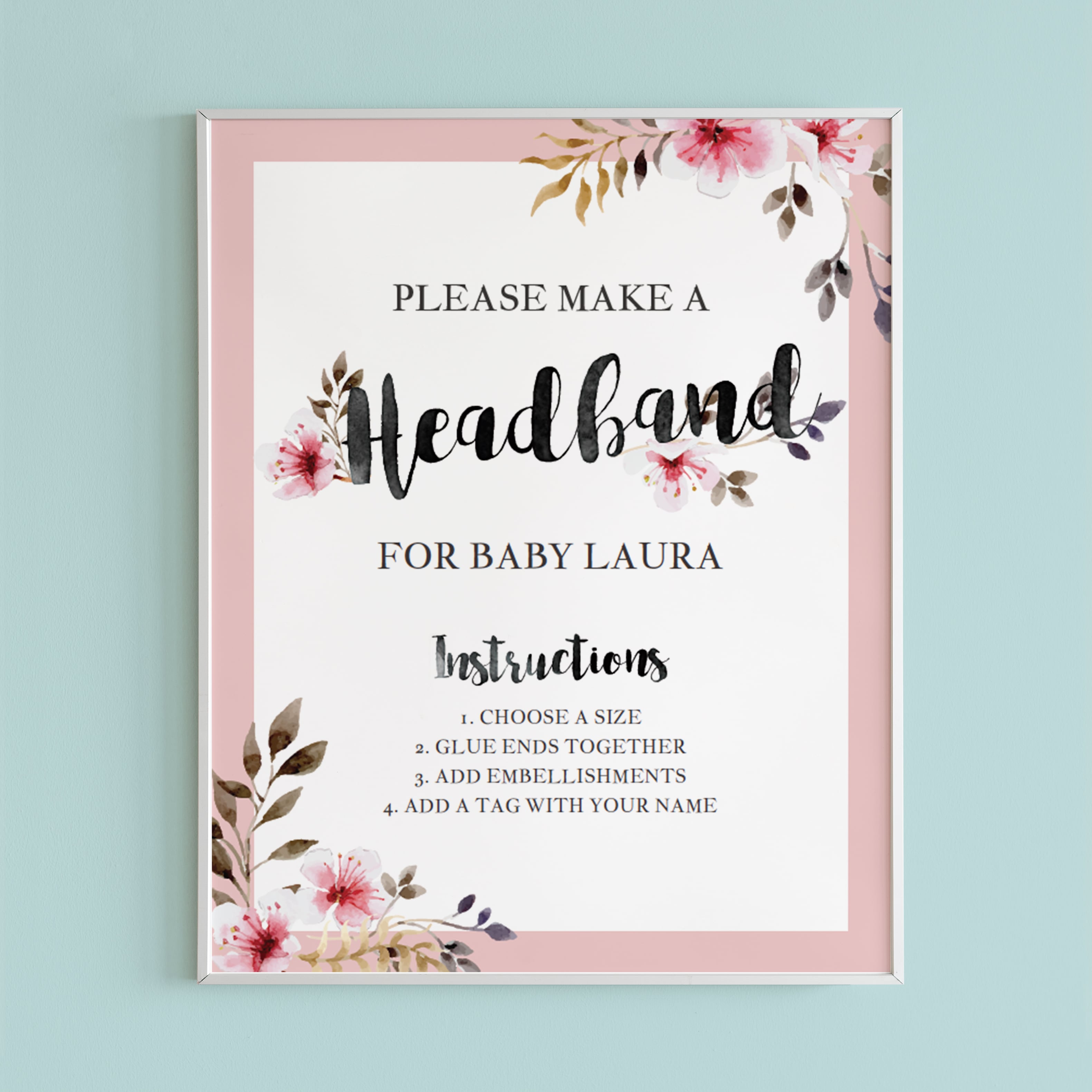 Headband station sign for floral baby shower printable by LittleSizzle