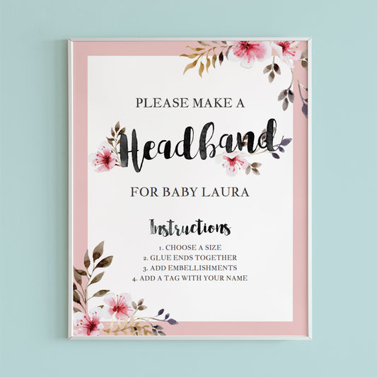 Headband station sign for floral baby shower printable by LittleSizzle
