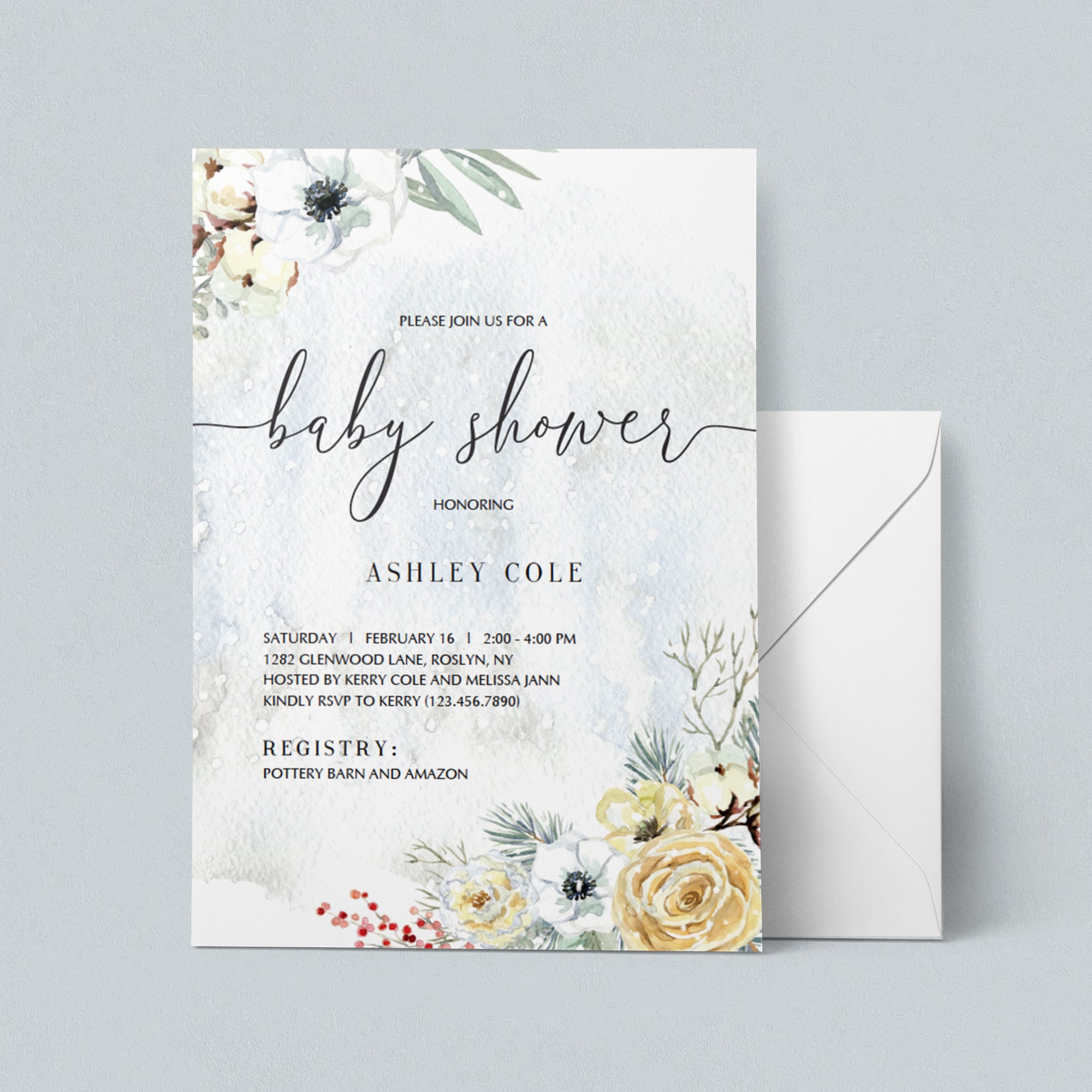 Winter florals baby shower invitation template by LittleSizzle