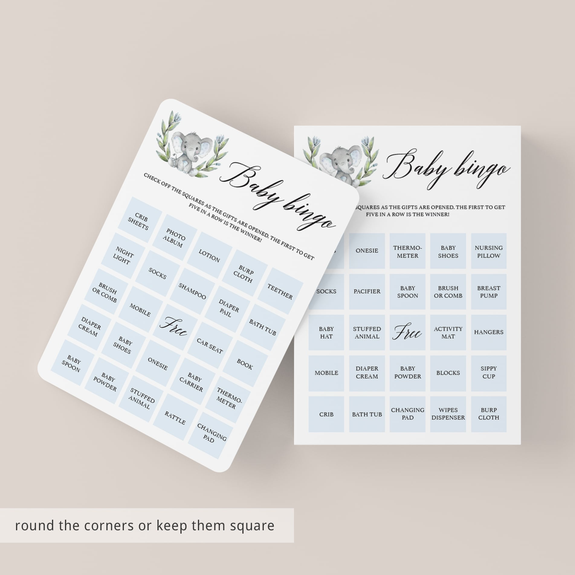 Elephant themed baby shower bingo printable by LittleSizzle