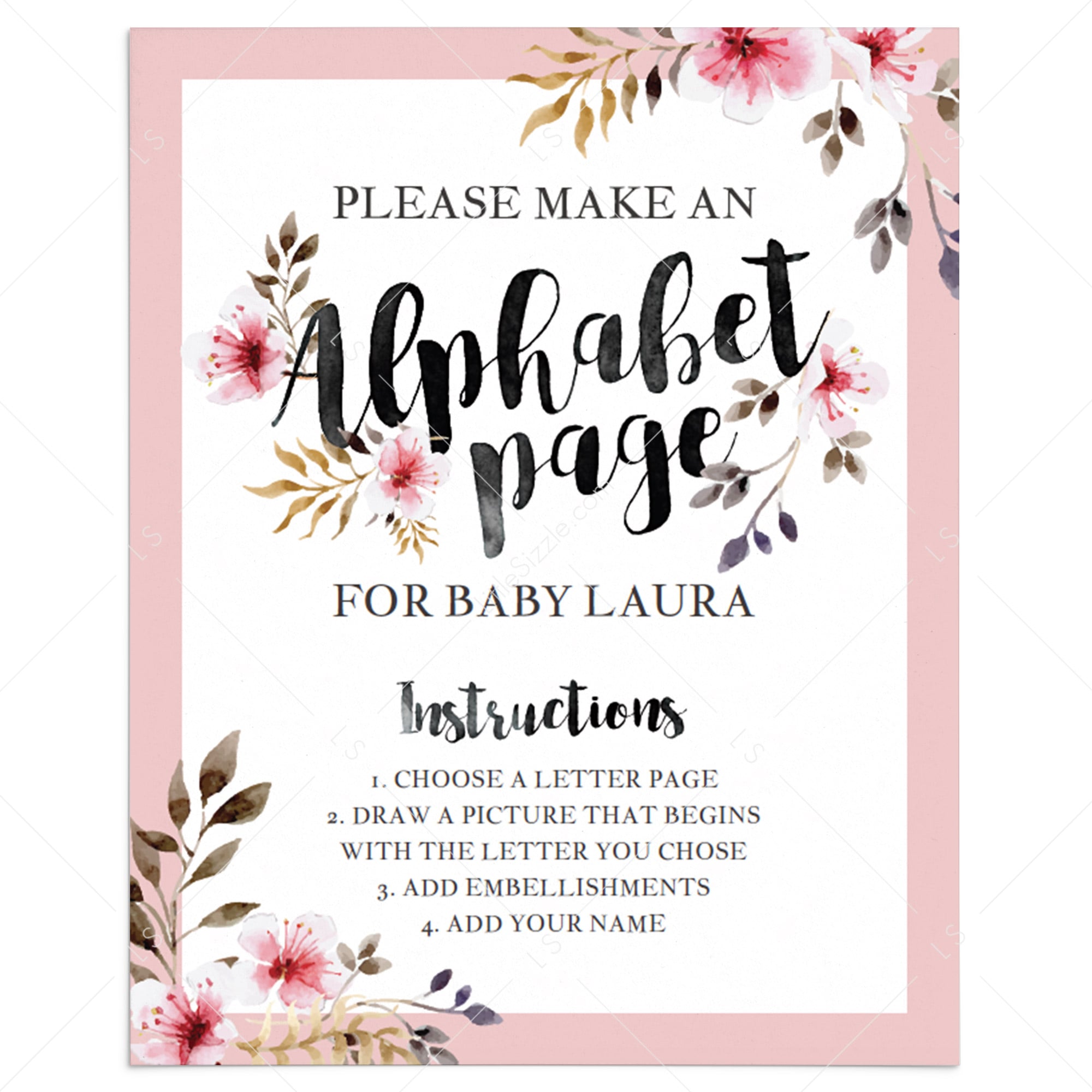 Alphabet page game table sign for girl baby shower by LittleSizzle