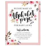 Alphabet page game table sign for girl baby shower by LittleSizzle