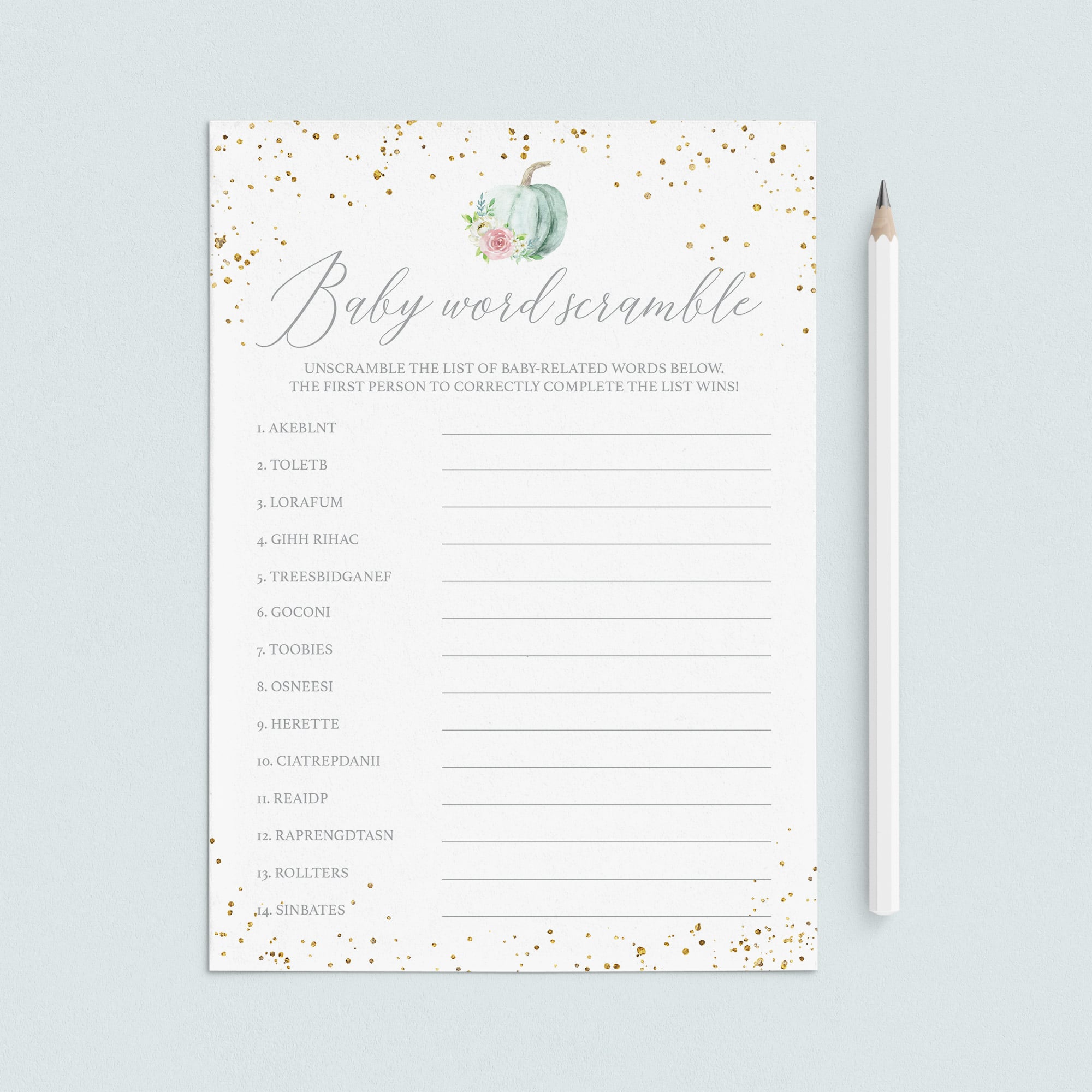 Floral Pumpkin Baby Shower Word Puzzle Printable by LittleSizzle