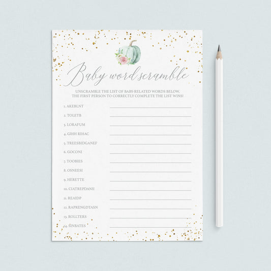 Floral Pumpkin Baby Shower Word Puzzle Printable by LittleSizzle