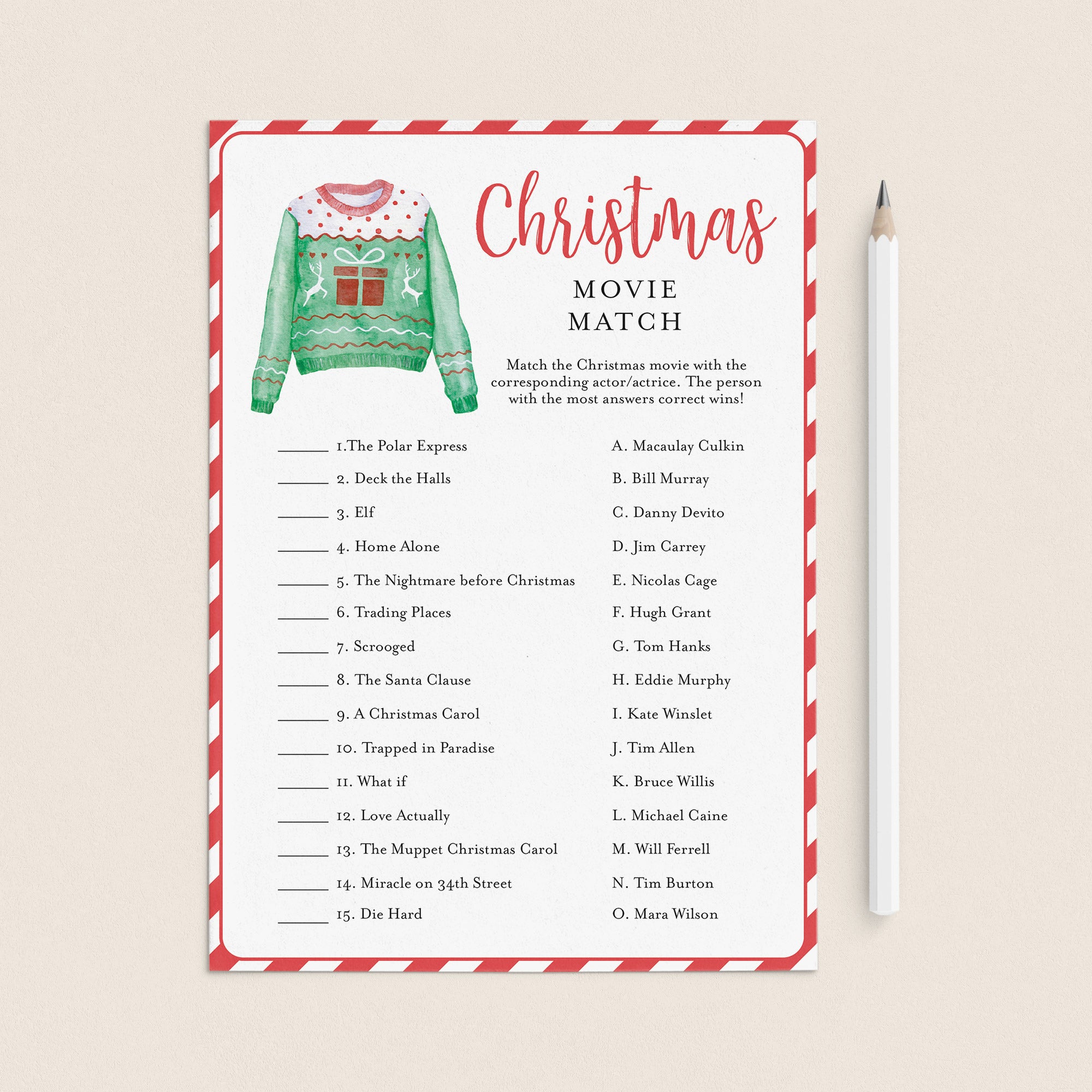 Printable Christmas Movies Game for Ugly Sweater Party by LittleSizzle