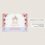 Pink and gold girl baby shower book request cards with unicorn by LittleSizzle