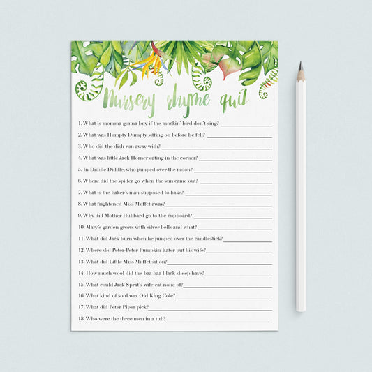 Luau Baby Party Game Nursery Rhyme Quiz Printable