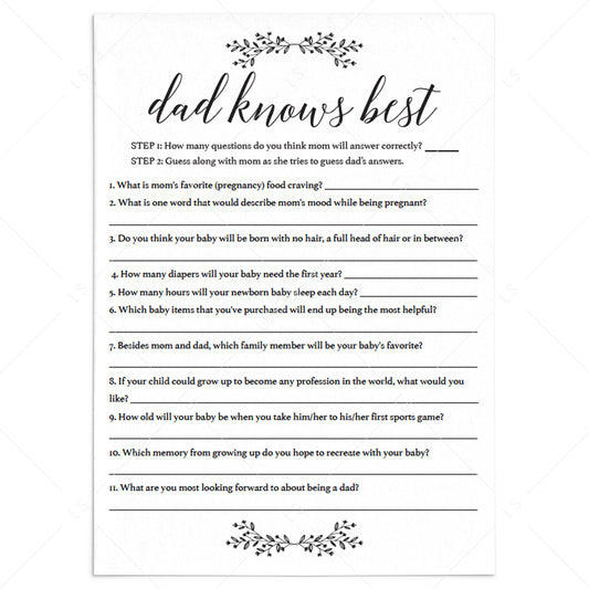 Editable Baby Shower Game Dad Knows Best by LittleSizzle