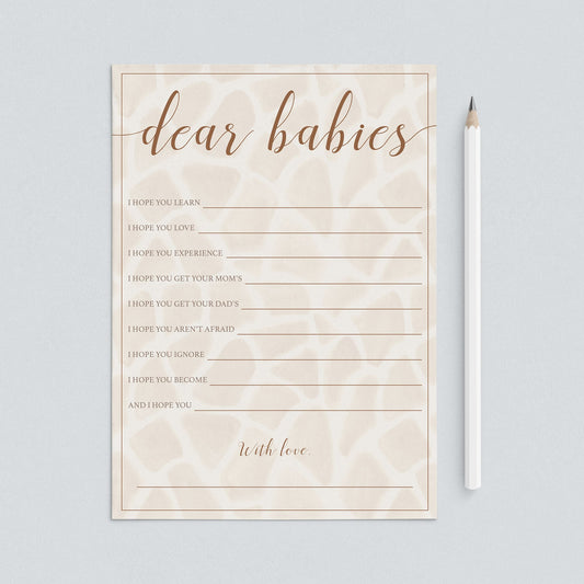 Printable Dear Babies Game for Rustic Safari Baby Shower