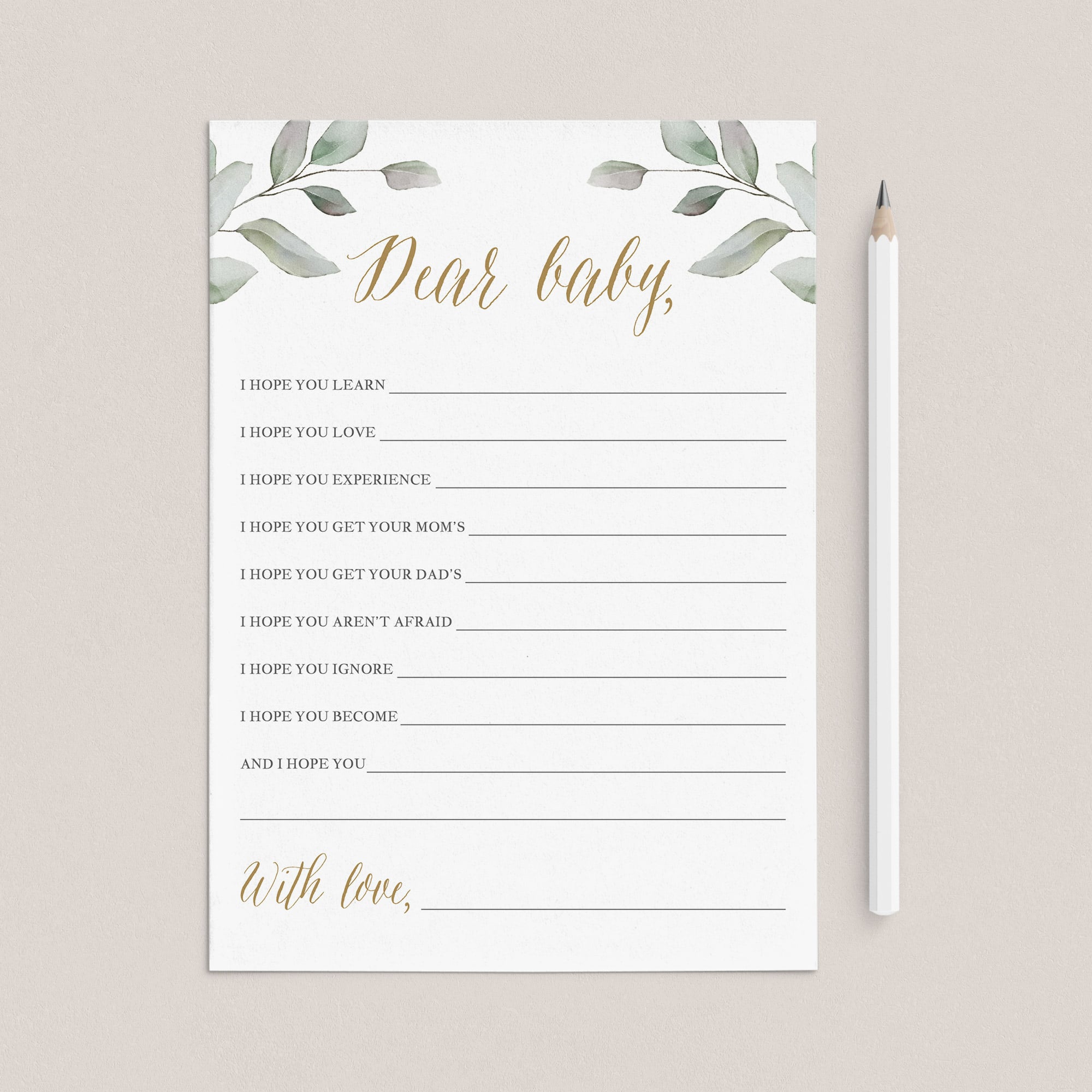 Gender prediction game for greenery theme baby shower download by LittleSizzle