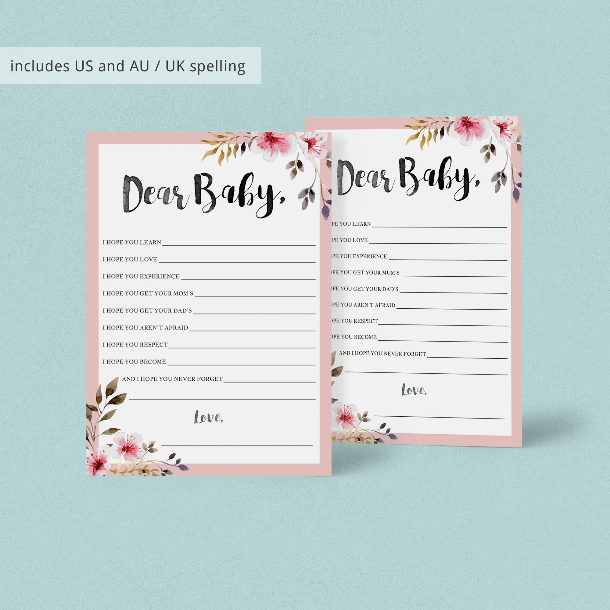 Pink flowers on baby wish cards download PDF by LittleSizzle