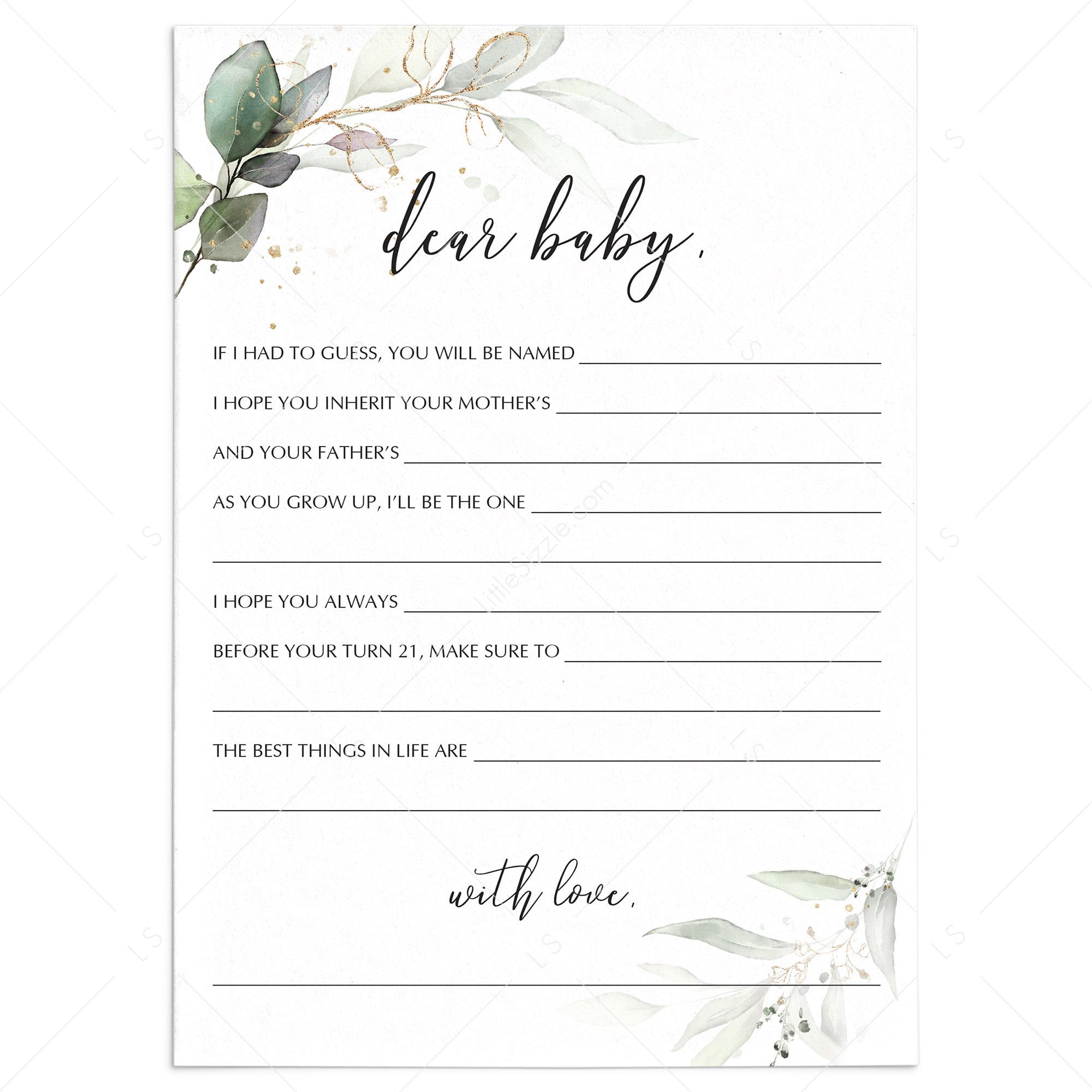 Greenery and Gold Foil Wishes for Baby Cards Printable by LittleSizzle