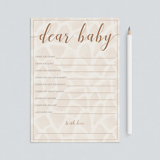 Safari Baby Shower Wishes for Baby Cards Printable