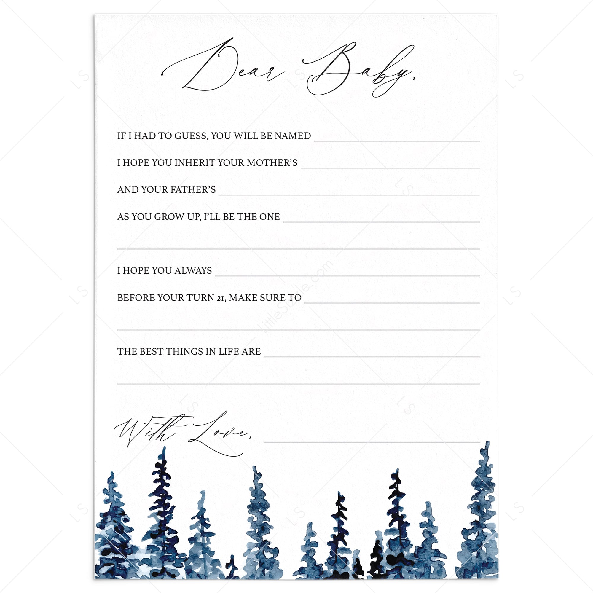 Dear Baby Wishes Cards with Watercolor Pine Trees