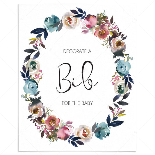 Floral baby shower games DIY decorate a bib sign by LittleSizzle