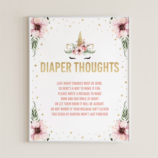 Baby Shower Diaper Thoughts Sign Template Floral Unicorn