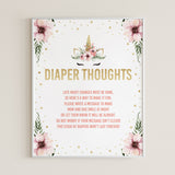 Baby Shower Diaper Thoughts Sign Template Floral Unicorn