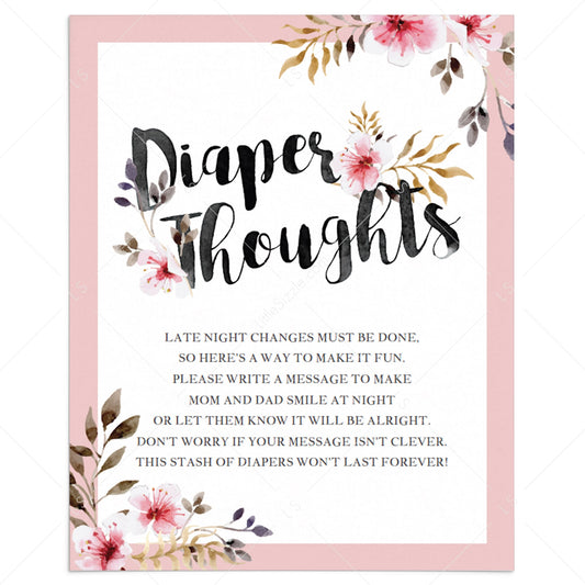 Diaper thoughts baby shower game printable pink flowers by LittleSizzle