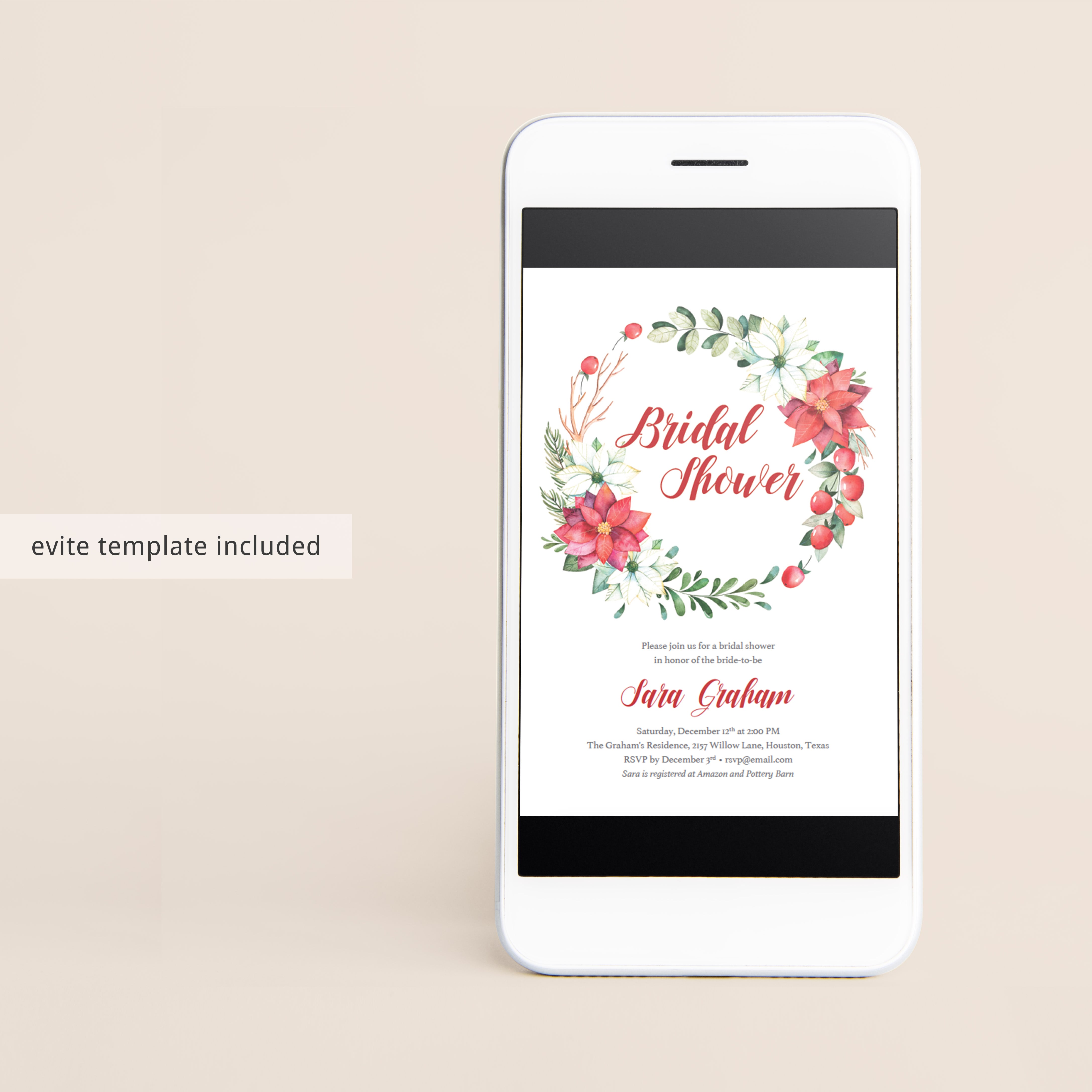 Christmas floral wreath bridal shower evite Poinsettia Floral Wreath Bridal Shower Invitation by LittleSizzle