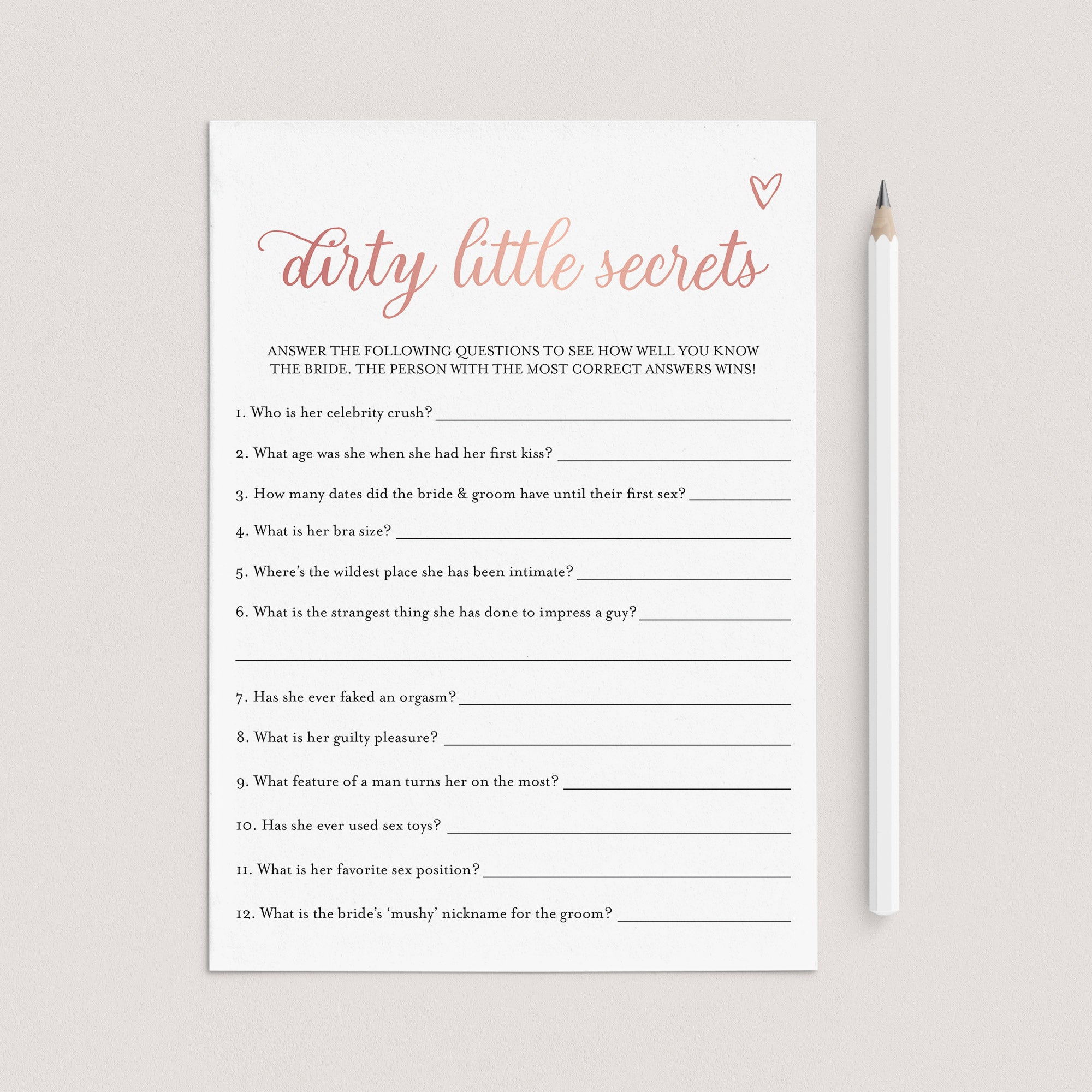 Brides Dirty Little Secrets Game Printable Rose Gold by LittleSizzle
