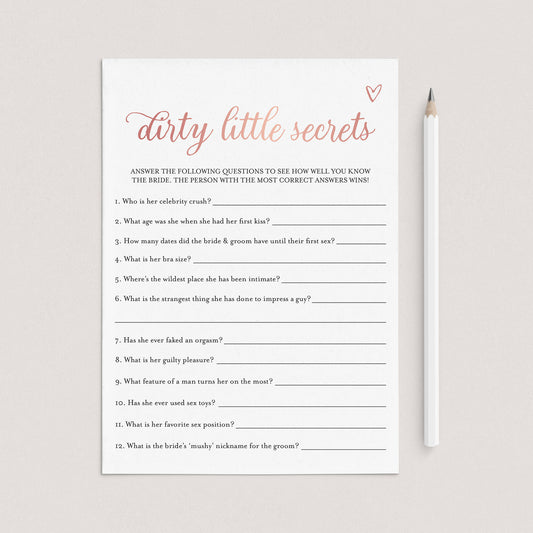 Brides Dirty Little Secrets Game Printable Rose Gold by LittleSizzle