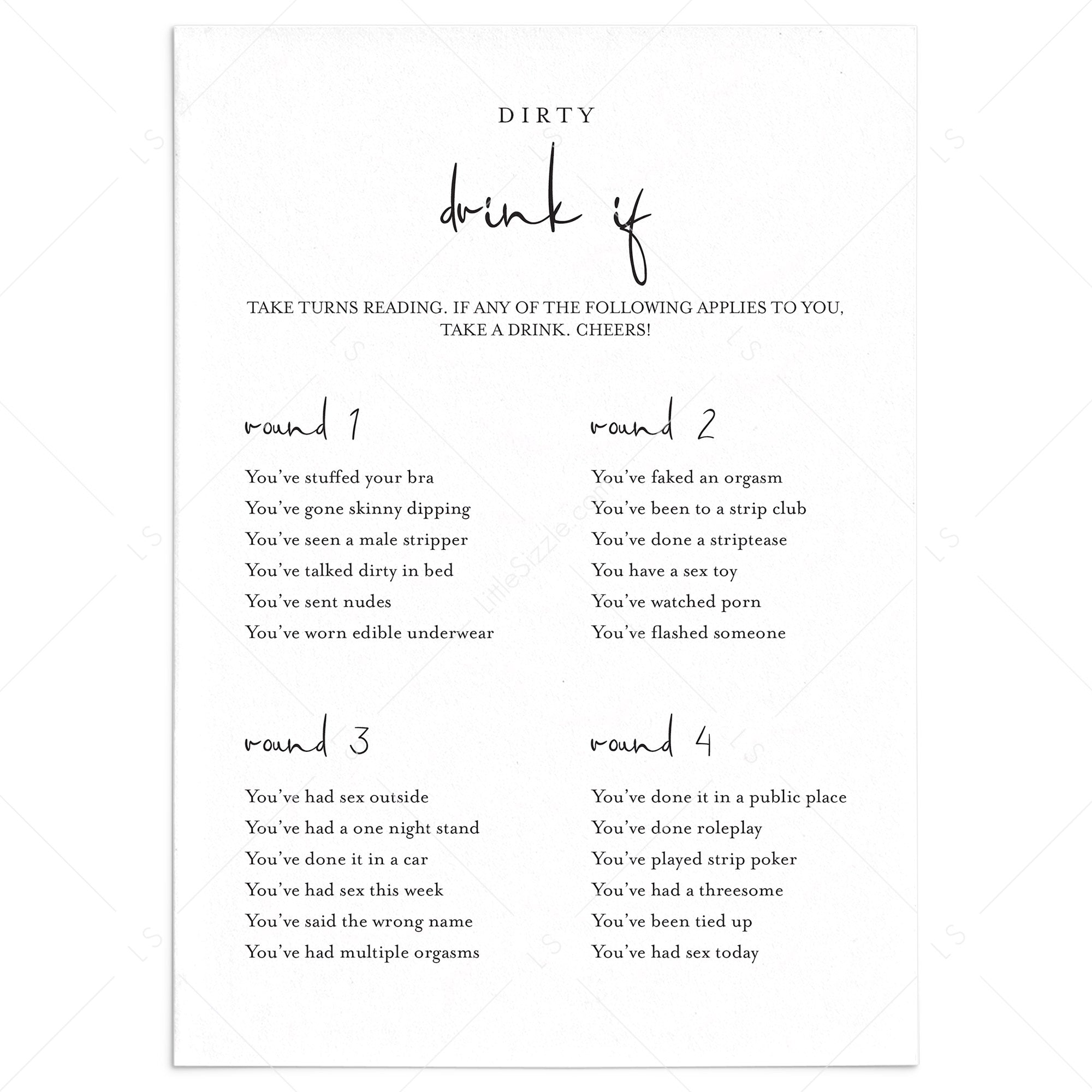 Dirty Drink If Game for Girls Night Printable by LittleSizzle