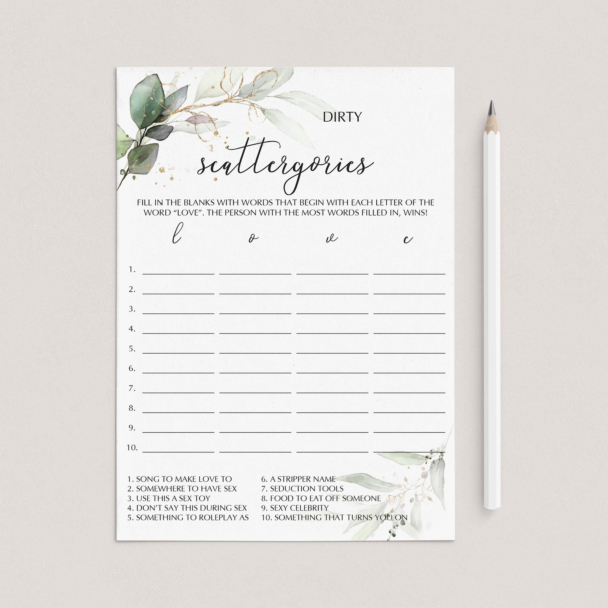 Naughty Bachelorette Game Dirty Scattergories Printable by LittleSizzle