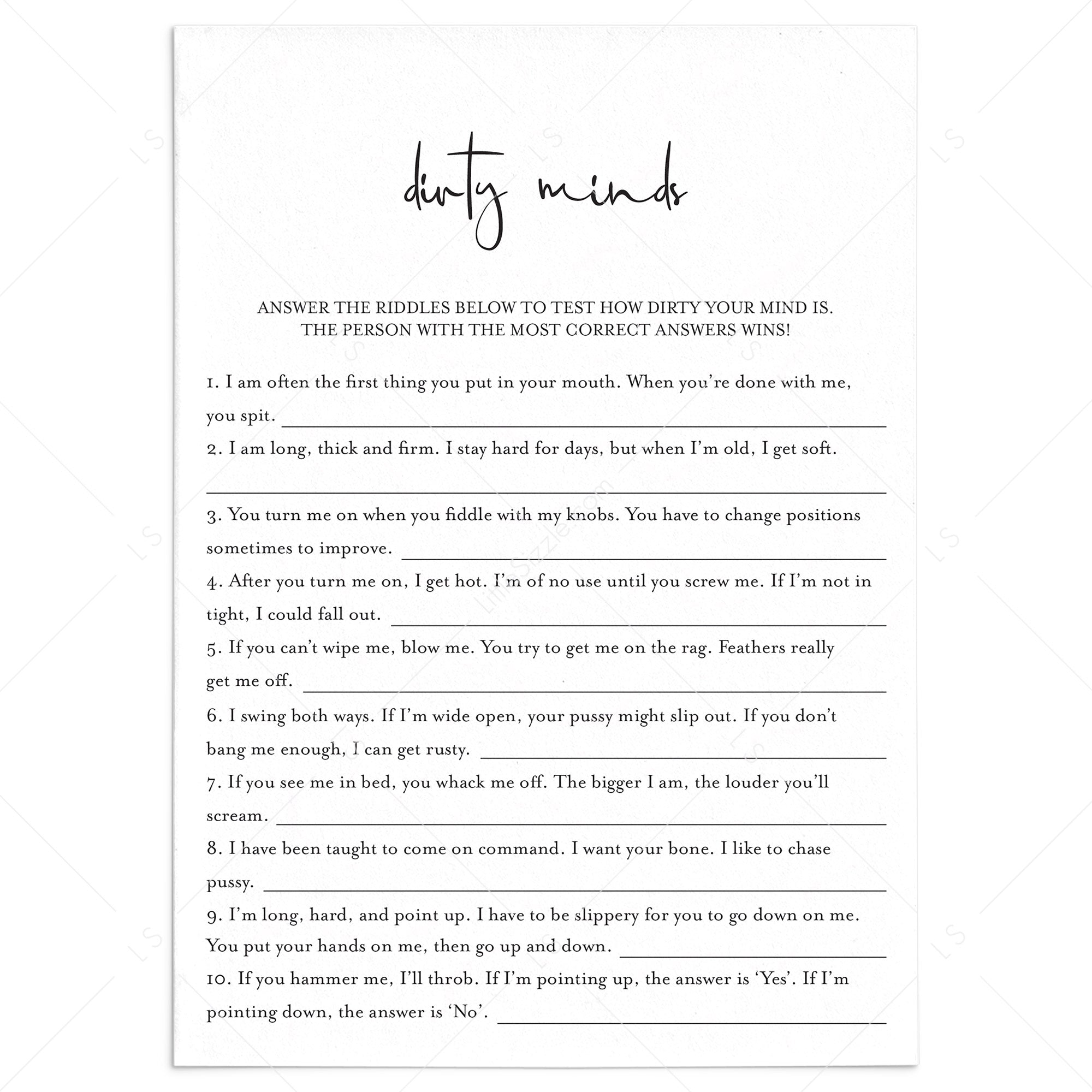 Dirty Minds Game With Answers Printable by LittleSizzle