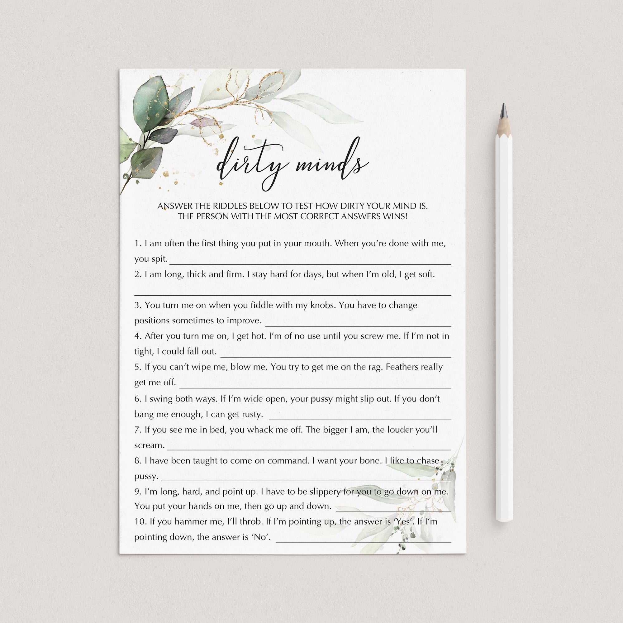 Dirty Minds Bachelorette Game Printable by LittleSizzle