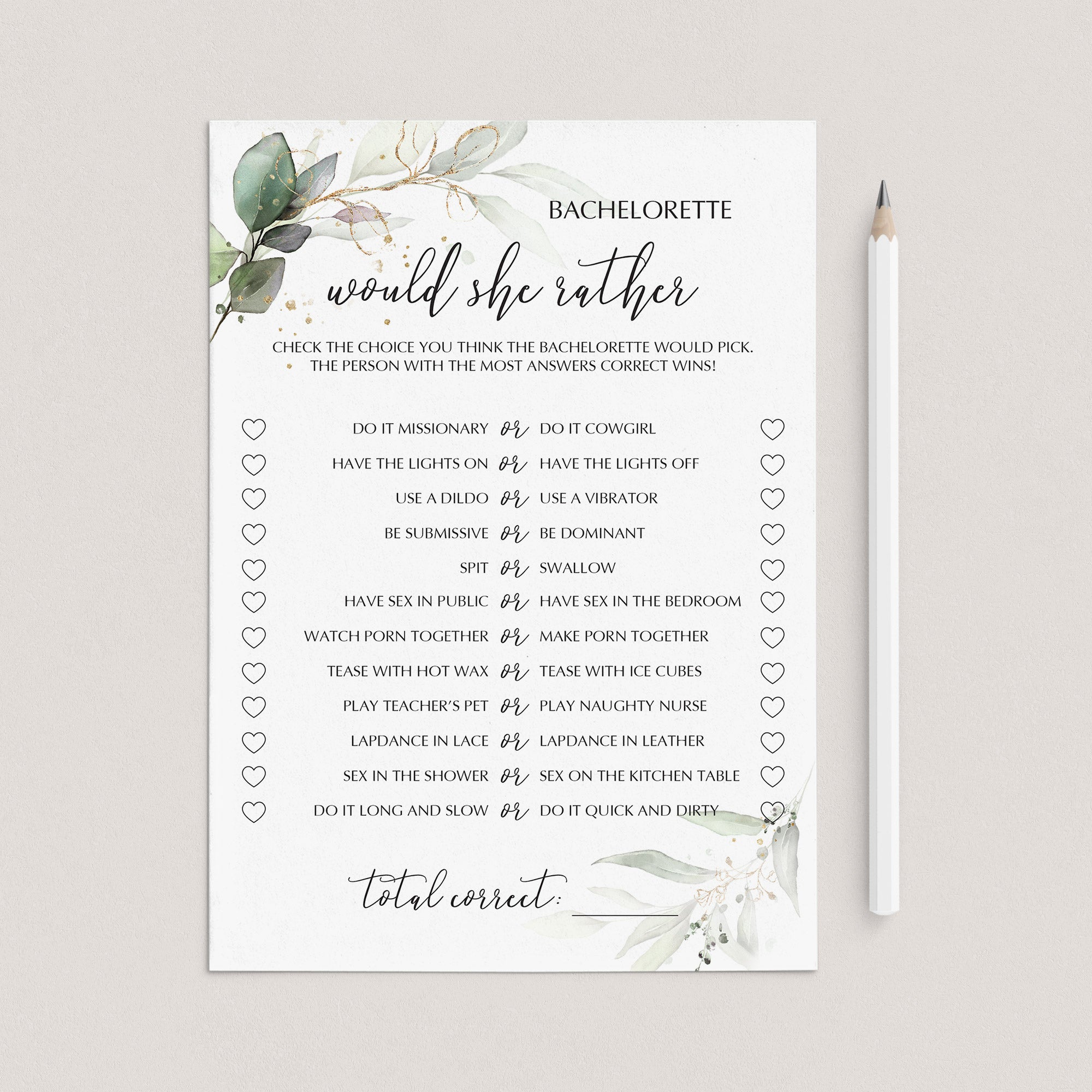 Naughty Bachelorette Party Game Would She Rather Printable by LittleSizzle