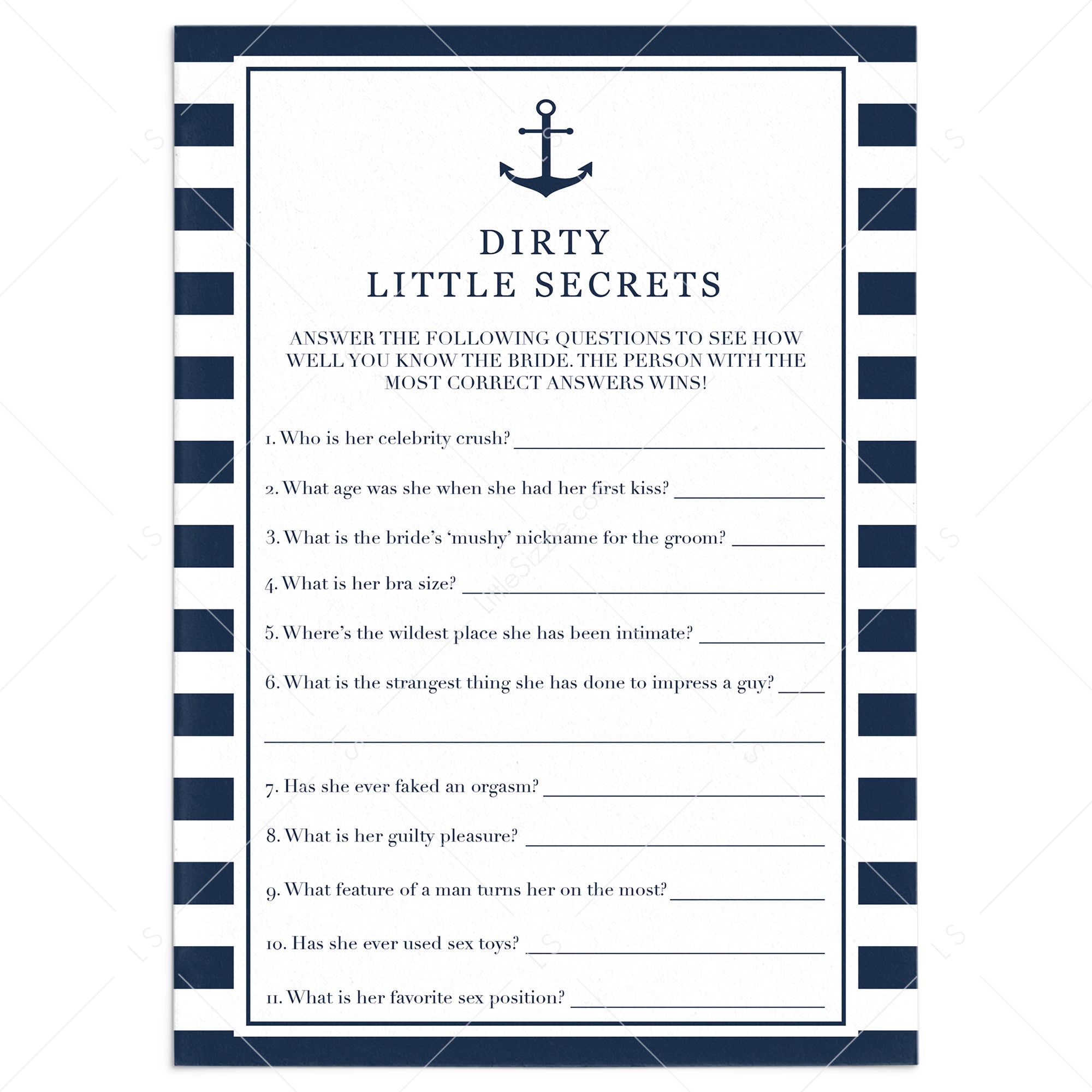Nautical Bride's Dirty Little Secrets Game Printable by LittleSizzle