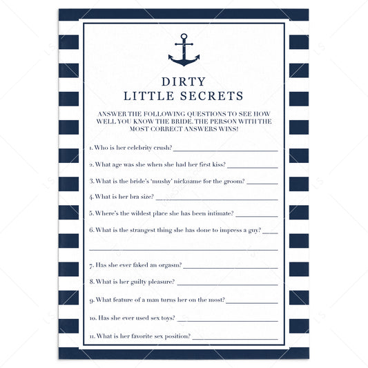 Nautical Bride's Dirty Little Secrets Game Printable by LittleSizzle