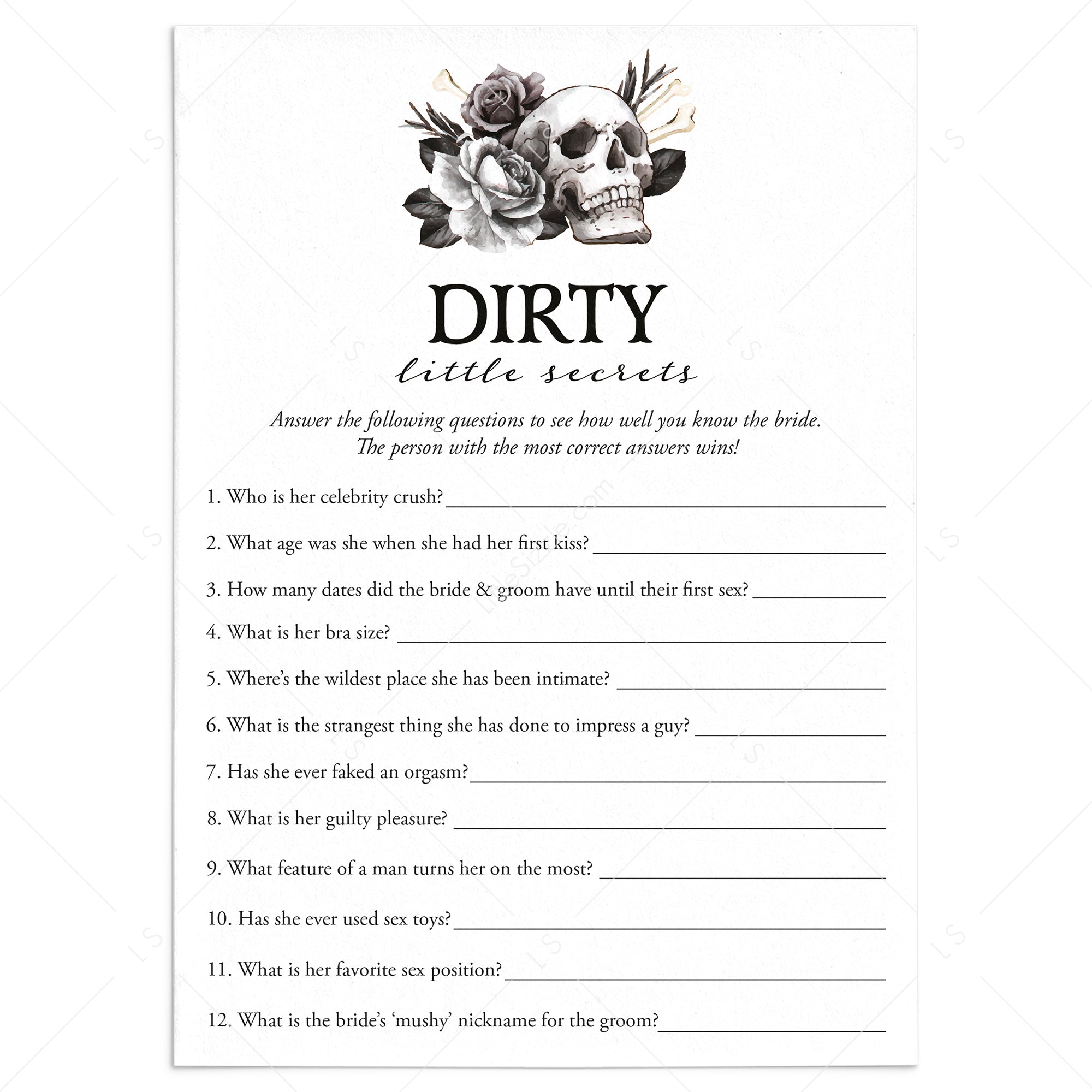 Alternative Bridal Shower Game Dirty Little Secrets Printable by LittleSizzle