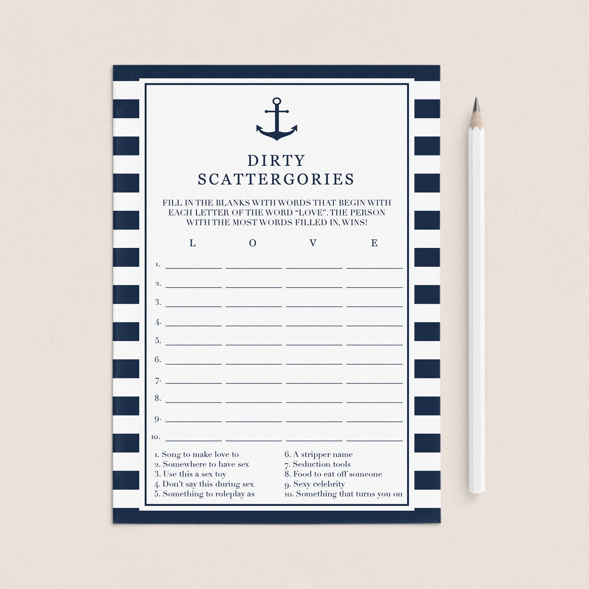 Nautical Hen Party Scattergories Game Printable by LittleSizzle