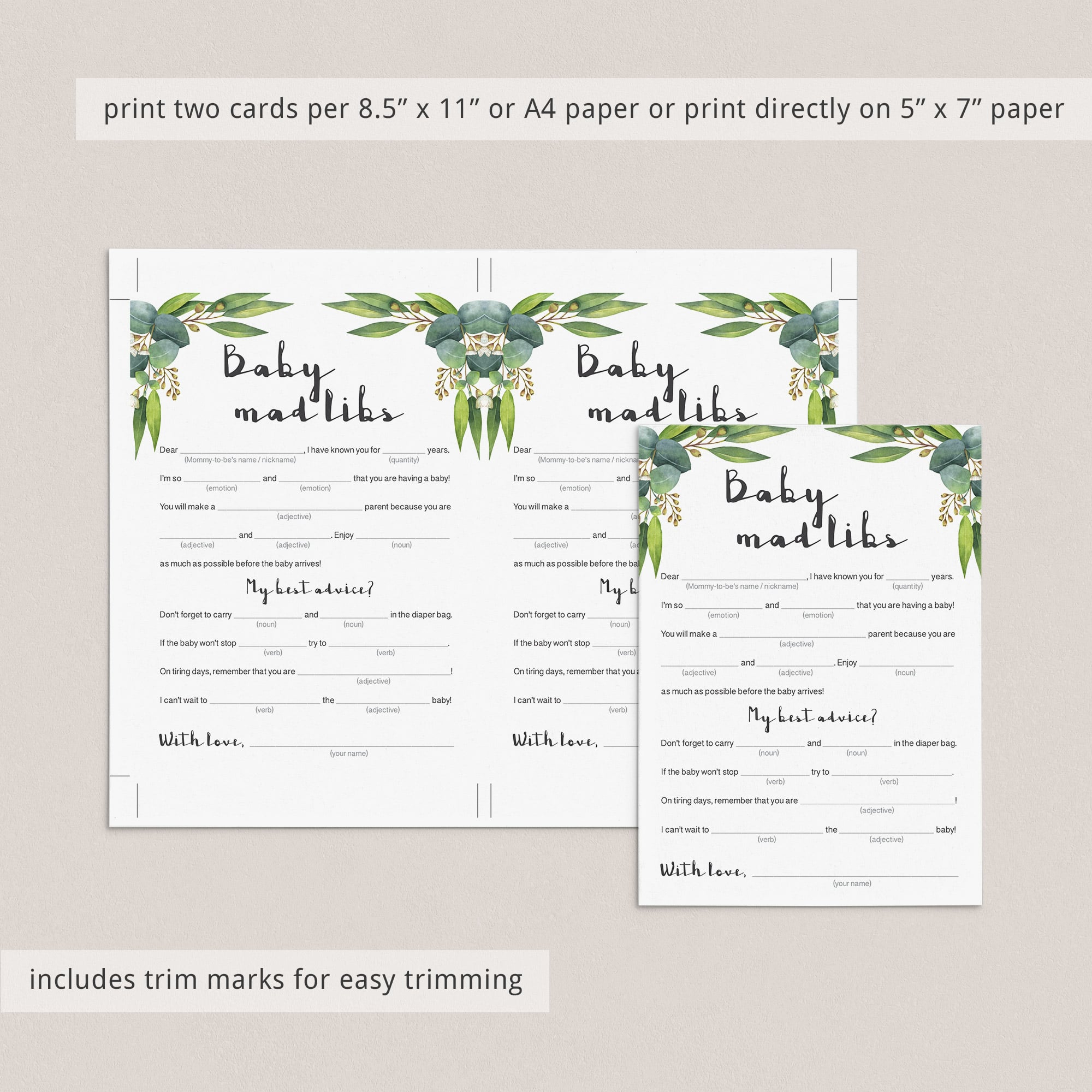 Madlibs baby shower game instant download green by LittleSizzle