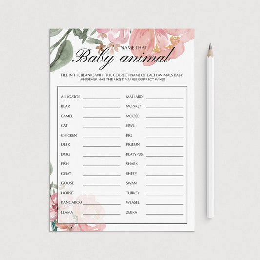 Name The Baby Animal Game for Baby Shower Blush and Green