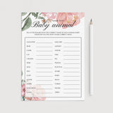 Name The Baby Animal Game for Baby Shower Blush and Green